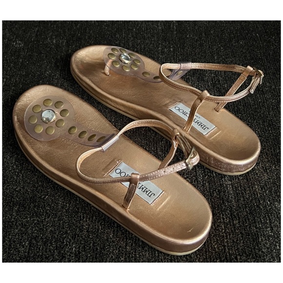 Jimmy Choo  Metallic Rose Gold  Thong Sandals with Rhinestone/Gold Studs Size 7 - Picture 8 of 13